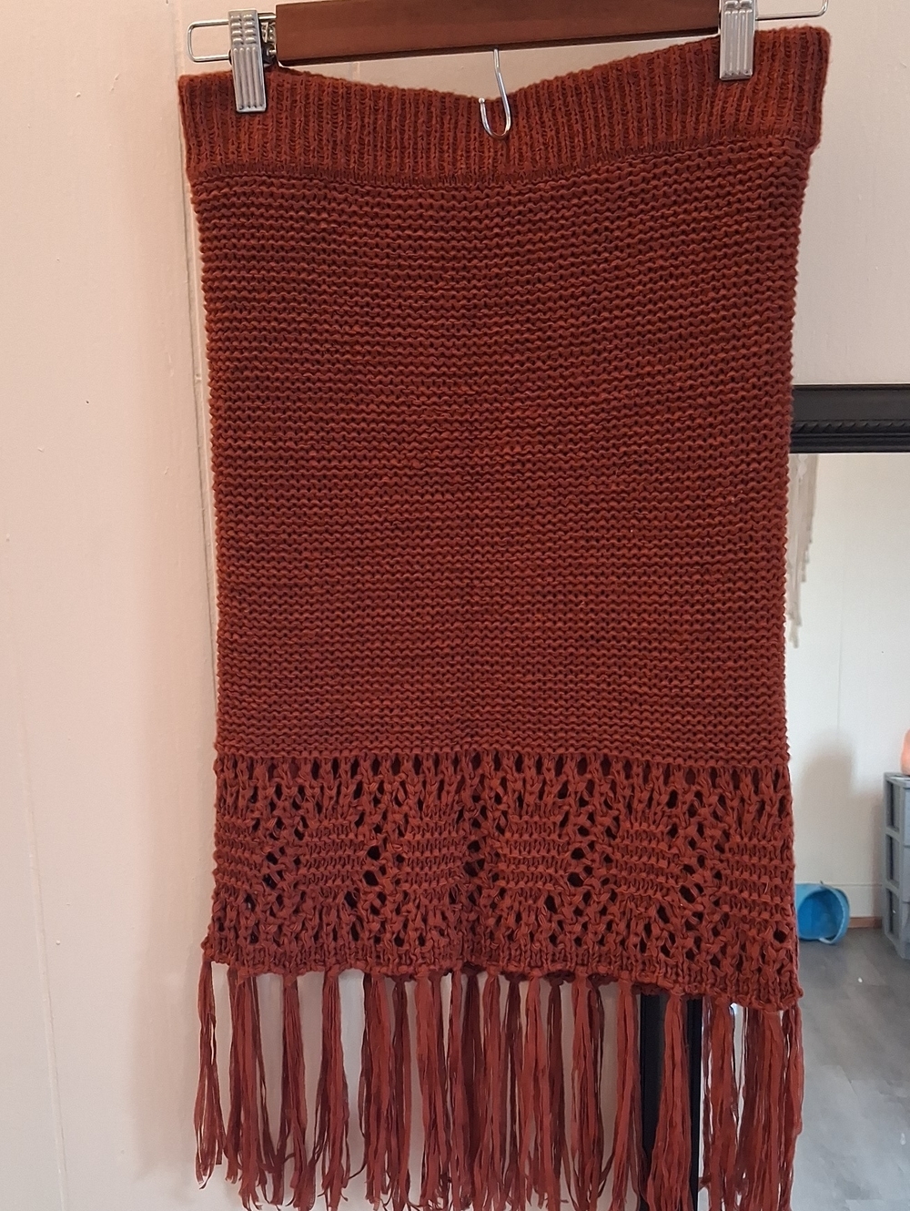 Moon River Rust Burnt Orange Crochet Sweater Fringe Knit Midi Skirt